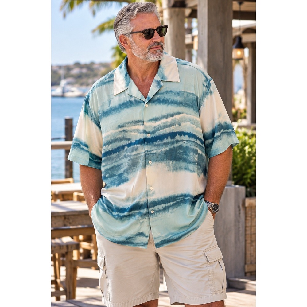 Perry Ellis Teal & Cream Wave-Stripe Short Sleeve Button Shirt Sz‎ 3 XLT